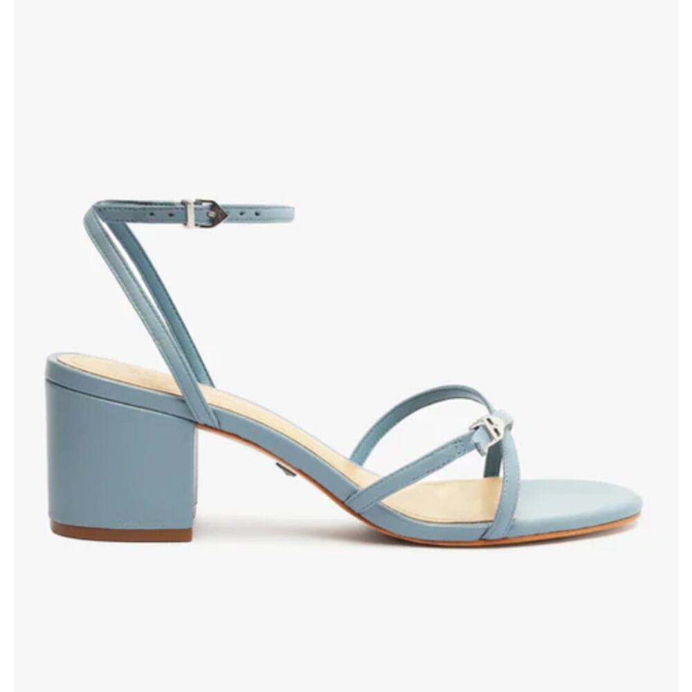 NWOB Schutz Liliana Leather Sandal Blue Denim Size 11 Block Heel Strappy
